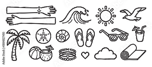 Collection of black pixel art icons representing summer vacation themes like the beach, sun, and ocean, drawn in a retro 8-bit video game style with a hand-drawn aesthetic