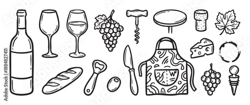 Set of hand-drawn wine tasting icons including a bottle, glass, grapes, cheese, and corkscrew in a black and white doodle style for gastronomy and beverage concepts