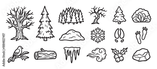 Set of winter nature icons hand-drawn in a simple black and white doodle style, featuring trees, a snowflake, animal tracks, a bird, holly, icicles, and other forest elements