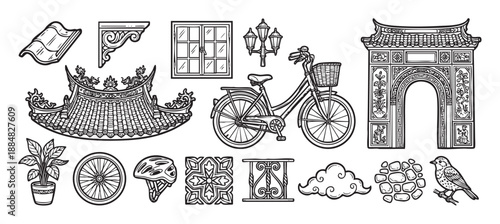 Collection of hand-drawn Asian cultural illustrations featuring a traditional gate, bicycle, ornate roof, window, bird, and other decorative elements in a line art style