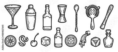Hand-drawn cocktail and barware equipment icons in a simple black outline sketch style, featuring a shaker, glass, strainer, jigger, spoon, ice, and citrus garnish