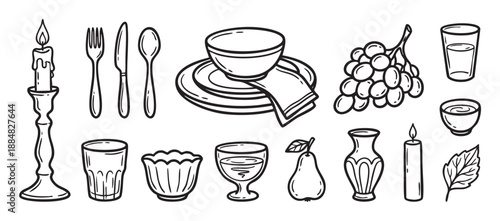 Collection of hand-drawn doodle illustrations showing various dining and still life elements like cutlery, dishes, fruit, and candles in a simple monochrome line art style
