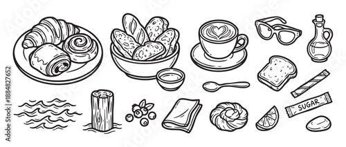 Hand-drawn black and white breakfast food illustrations featuring a croissant, coffee, bread, and pastries in a charming doodle style collection for cafe or bakery themes