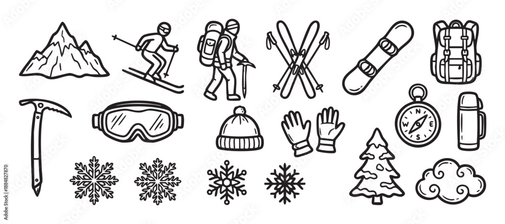 Obraz premium Hand-drawn winter sports and mountain climbing icons featuring a skier, snowboard, backpack, skis, ice axe, and snowflakes in a simple black and white doodle vector illustration set
