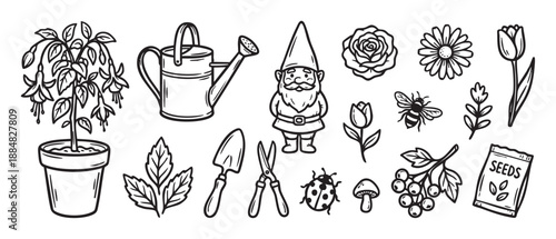 Set of hand-drawn gardening doodle illustrations featuring a gnome, watering can, flowers, tools, and insects in a bold black and white line art style