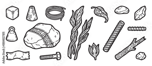 Set of various hand-drawn objects in a black and white doodle style, featuring natural elements like stones and leaves, and industrial items like a bolt, weight, and cube