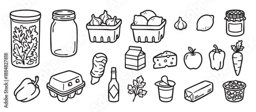 Collection of hand-drawn grocery food icons featuring vegetables, fruit, dairy, and pantry staples in a simple black and white line art doodle style for nutrition concepts