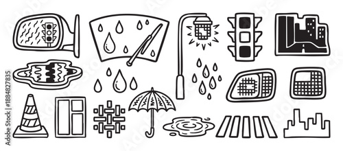 Set of hand-drawn black and white doodle icons depicting a rainy city street scene with traffic lights, puddles, an umbrella, and building silhouettes