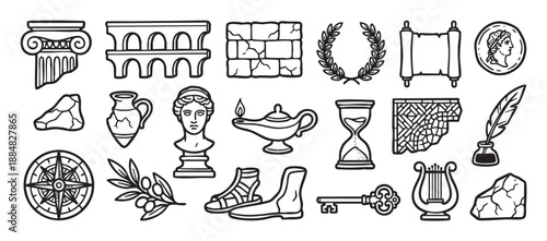 Collection of black and white icons representing ancient civilization with a column, laurel wreath, amphora, scroll, lyre, and bust in a simple hand-drawn line art style