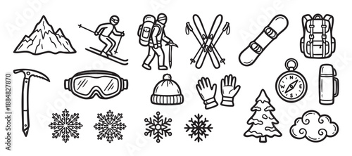 Hand-drawn winter sports and mountain climbing icons featuring a skier, snowboard, backpack, skis, ice axe, and snowflakes in a simple black and white doodle vector illustration set