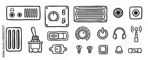 Set of hand-drawn electronic component icons featuring various switches, knobs, buttons, and audio symbols in a simple black and white doodle style illustration collection