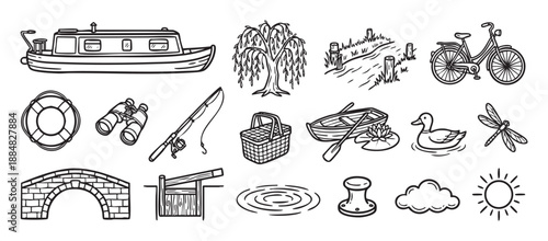 Hand-drawn black and white icon set featuring a canal boat, bicycle, fishing rod, and other river holiday elements for a relaxing outdoor vacation theme