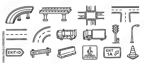 Hand-drawn set of road traffic icons including a car, truck, intersection, signs, and highway elements in a simple black and white doodle style for transportation concepts