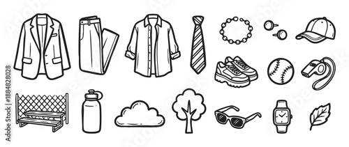 Hand-drawn collection of various black outline icons showing clothing, sports gear, and nature objects like a jacket, baseball, and tree in a doodle sketch style