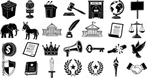 Black and White Political Icons Set: Voting, Government, Justice, and Symbols