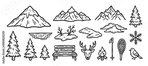 Collection of hand-drawn winter nature icons featuring mountains, pine trees, a deer, and camping elements in a simple black and white doodle style for outdoor adventure concepts
