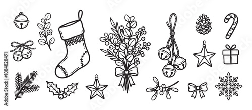 Hand-drawn set of Christmas doodle icons including a stocking, jingle bells, candy cane, and snowflake for festive holiday decoration and seasonal graphic design elements