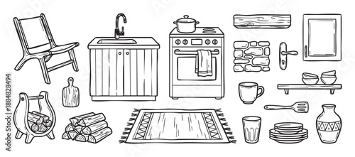 Set of hand-drawn home and kitchen items including a chair, stove, sink, and firewood in a cozy rustic line art style, illustrating a warm and comfortable lifestyle concept