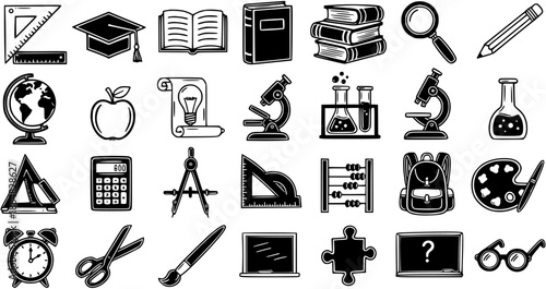 Education and School Supplies Icons: Black and White Line Art Vector Set