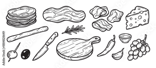 Hand-drawn black and white illustration set of charcuterie board elements including cheese, cured meat, grapes, olives, and bread in a vintage sketch style