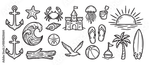 Set of hand-drawn summer beach icons featuring an anchor, crab, sandcastle, wave, sun, and palm tree in a black and white vintage doodle style illustration collection