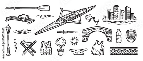 Hand-drawn set of rowing sport icons featuring a sculling boat, oar, life vest, cityscape, and other equipment in a black and white doodle illustration style for athletic concepts