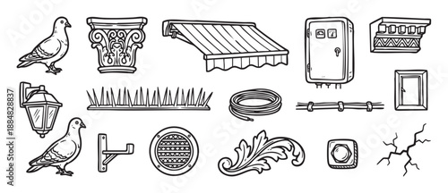 Set of hand-drawn urban architectural elements featuring pigeons, an awning, a lantern, and building facade details in a black and white line art illustration style