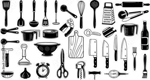 Black and White Line Art Collection of Kitchen Utensils and Cooking Tools