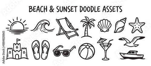 Collection of hand-drawn beach doodles in a simple black and white line art style, featuring summer vacation icons like a palm tree, seashell, sunglasses, and sandcastle