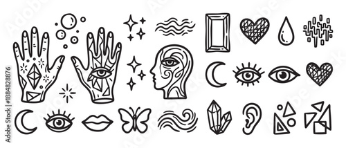Collection of black hand-drawn esoteric symbols for magic and astrology, featuring minimalist line art icons of an all-seeing eye, palmistry hand, moon, crystal, and heart