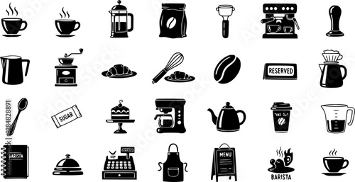 Coffee Shop Icons: Black  White Glyphs for Barista, Cafe Equipment, and Beverages
