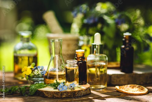 Alternative green herbal medicine. Natural plant-based ingredients for skin care beauty products, perfumery production. Small business, laboratory, drug research, organic extracts in glassware