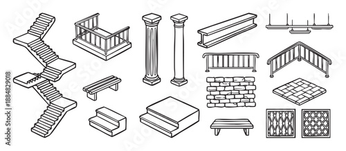 Various isometric architectural construction elements are depicted in a detailed black and white line art illustration, showcasing stairs, railings, columns, beams, walls, and decorative grates