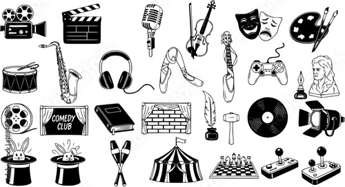 Black  White Line Art Icons Set: Arts, Entertainment  Hobbies Collection. Outline Glyphs for Music, Film, Theater, Dance, Gaming, Literature, and Creative Activities.