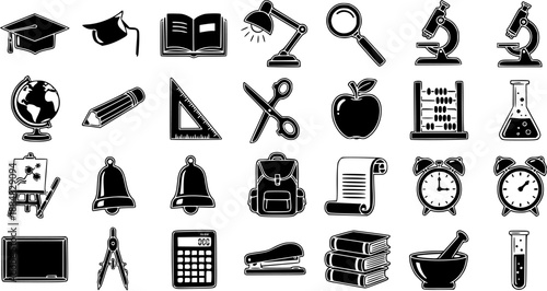 Black and White Glyph Education Icons Set: School Supplies, Academic Tools, and Classroom Symbols for Learning and Study
