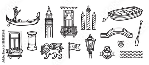 Collection of hand-drawn black line icons depicting romantic water city symbols like a gondola, winged lion, carnival mask, bridge, and architectural elements in a clean illustrative style