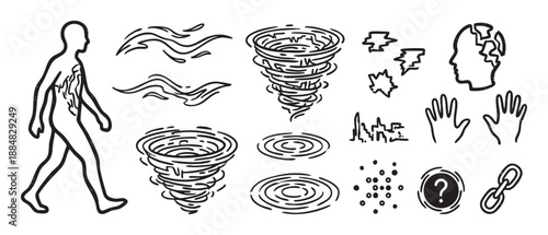 Collection of black and white doodle icons symbolizing psychological distress, anxiety, confusion, inner chaos, and mental health challenges in a minimalist hand-drawn style