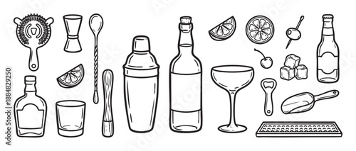 Hand-drawn black and white set of bar tools and cocktail ingredients for mixology, featuring a shaker, jigger, strainer, glass, bottle, and fruit garnish in a simple doodle style