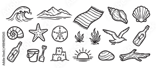 Collection of hand-drawn beach and summer icons in a black and white doodle style, featuring a wave, seashell, starfish, sandcastle, seagull, and message in a bottle