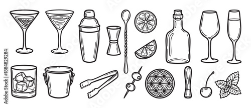 Hand-drawn set of cocktail making tools and barware essentials including a shaker, jigger, glasses, and garnishes, illustrated in a black and white doodle line art style