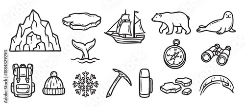 Set of hand-drawn arctic exploration icons in a simple black and white doodle style, featuring a polar bear, seal, whale tail, iceberg, ship, compass, and travel gear