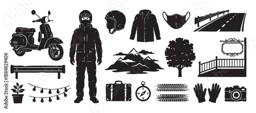 Collection of black travel and adventure icons with a scooter, rider, mountains, road, and camera, designed in a monochrome silhouette style for road trip and journey concepts