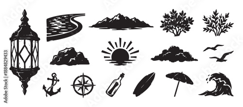Collection of black grunge style icons featuring travel, nature, and nautical themes like mountains, waves, and a compass rose for adventure and vacation concepts