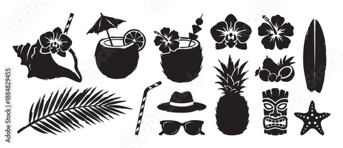 Collection of black tropical summer vacation icons with a grunge texture, featuring a tiki mask, pineapple, coconut cocktail, surfboard, palm leaf, and hibiscus flower