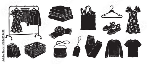 Collection of hand-drawn clothing and accessory illustrations in a black and white linocut style, featuring a dress, jeans, shirt, and bag for a flea market or donation concept