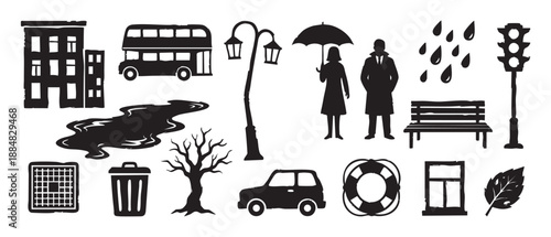 Collection of black urban city icons featuring a bus, building, car, and people under an umbrella in a rough, hand-drawn linocut style illustration