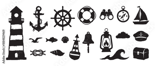 Set of hand drawn marine silhouette icons with a distressed grunge texture featuring a lighthouse, anchor, helm, lifebuoy, sailboat, compass, and treasure chest for seafaring designs