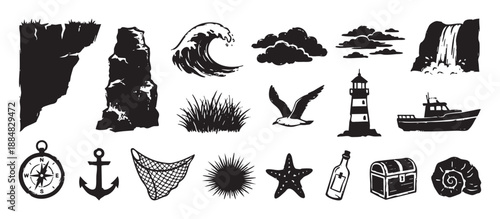 Collection of hand drawn nautical icons in a vintage woodcut style, featuring a lighthouse, anchor, wave, boat, compass, treasure chest, cliff, and seashell elements