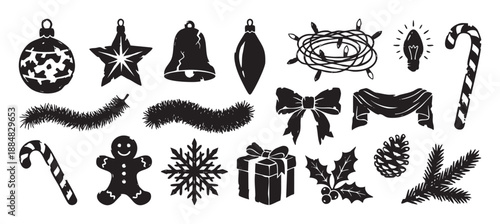 Set of black Christmas holiday icons in a hand-drawn linocut style featuring a star, bell, gift, candy cane, and snowflake for festive winter season graphic design