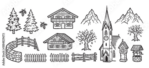 Hand drawn collection of rustic alpine village elements including chalets, a church, mountains, trees, fences, and a water well in a black and white doodle sketch style